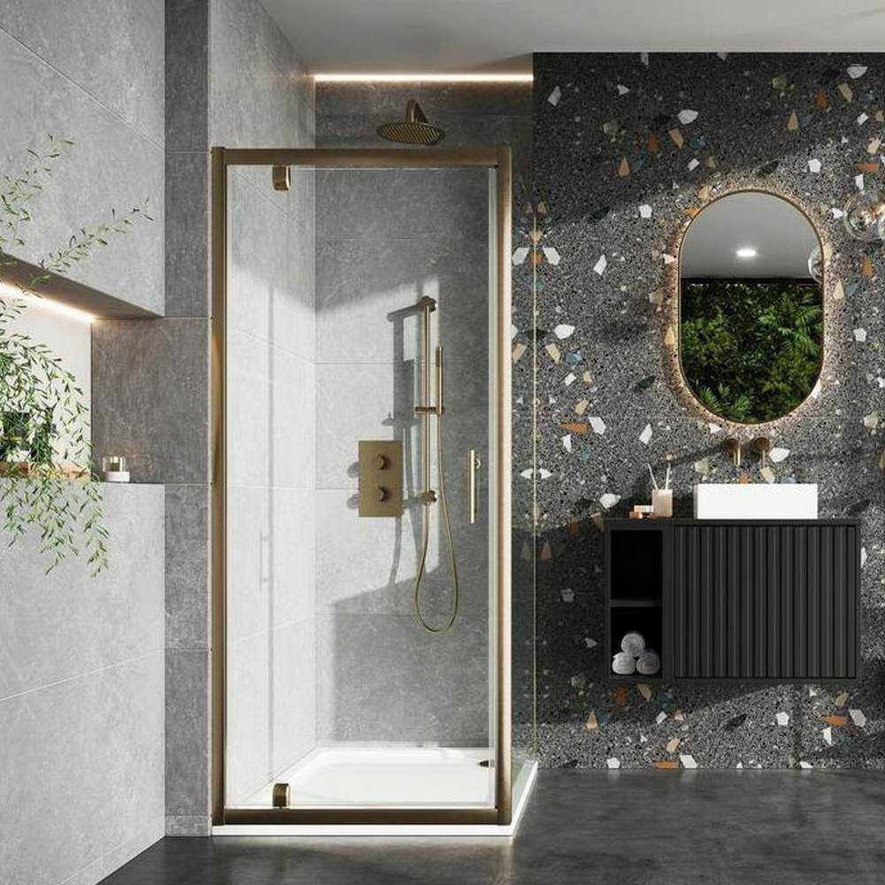 Scudo S6 Pivot Shower Door 800mm - Brushed Brass - S6 - BBGLASS019 - TAP 'N' SHOWER