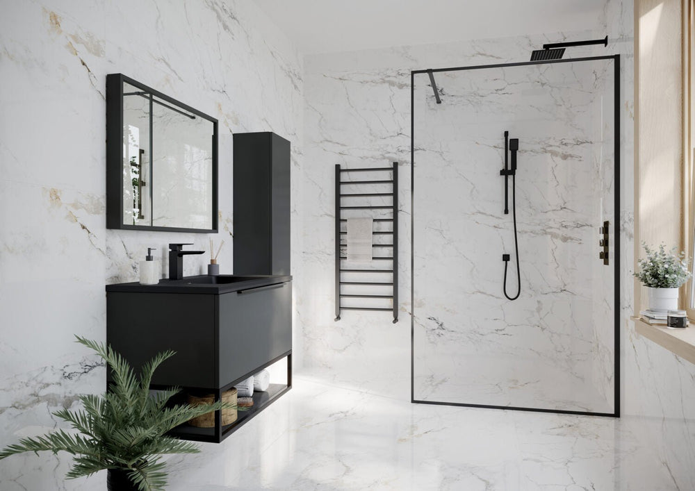 Scudo Minos Framed Glass Panel 1100mm - Black - MINFRAME1100BLK - TAP 'N' SHOWER