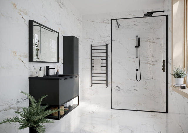 Scudo Minos Framed Glass Panel 1100mm - Black - MINFRAME1100BLK - TAP 'N' SHOWER