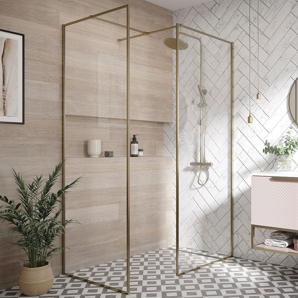 Scudo Minos Framed Glass Panel 760mm - Brushed Brass - MINFRAME760BB - TAP 'N' SHOWER