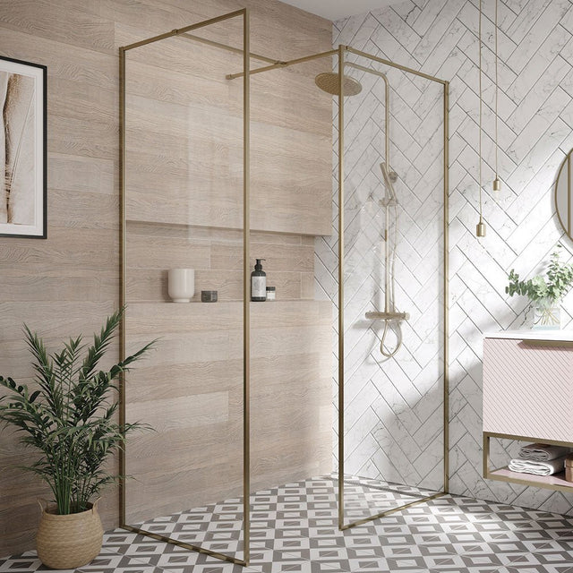 Scudo Minos Framed Glass Panel 900mm - Brushed Brass - MINFRAME900BB - TAP 'N' SHOWER