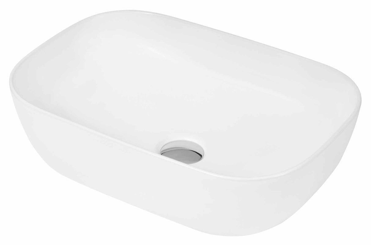 White square sit-on countertop basin made of high-quality vitreous china with a glossy finish and 455mm width.