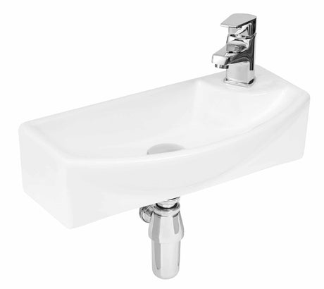 Rectangular white wall hung cloakroom basin with right-hand tap hole and chrome faucet, 450mm wide.