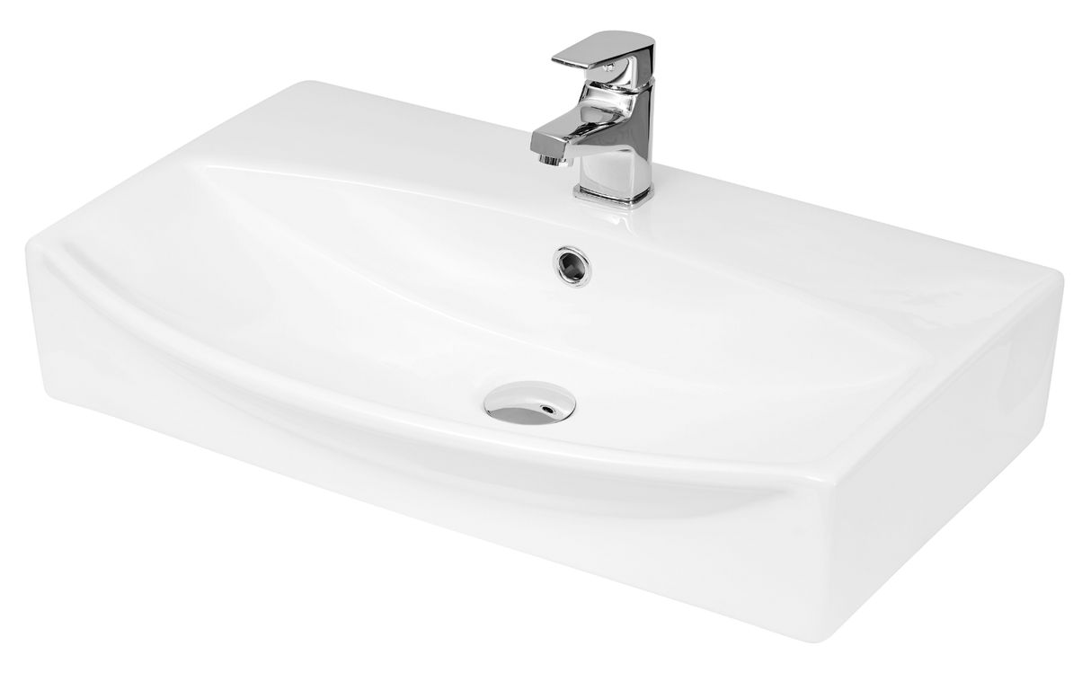 Hudson Reed Vessel white 600mm wide curved ceramic countertop basin with a single tap hole and modern sit-on design