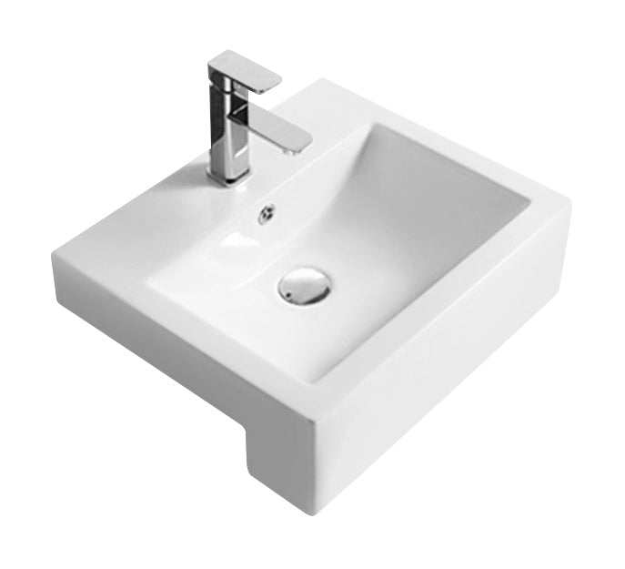 White semi recessed square basin with 1 tap hole, 530mm wide, modern bathroom sink