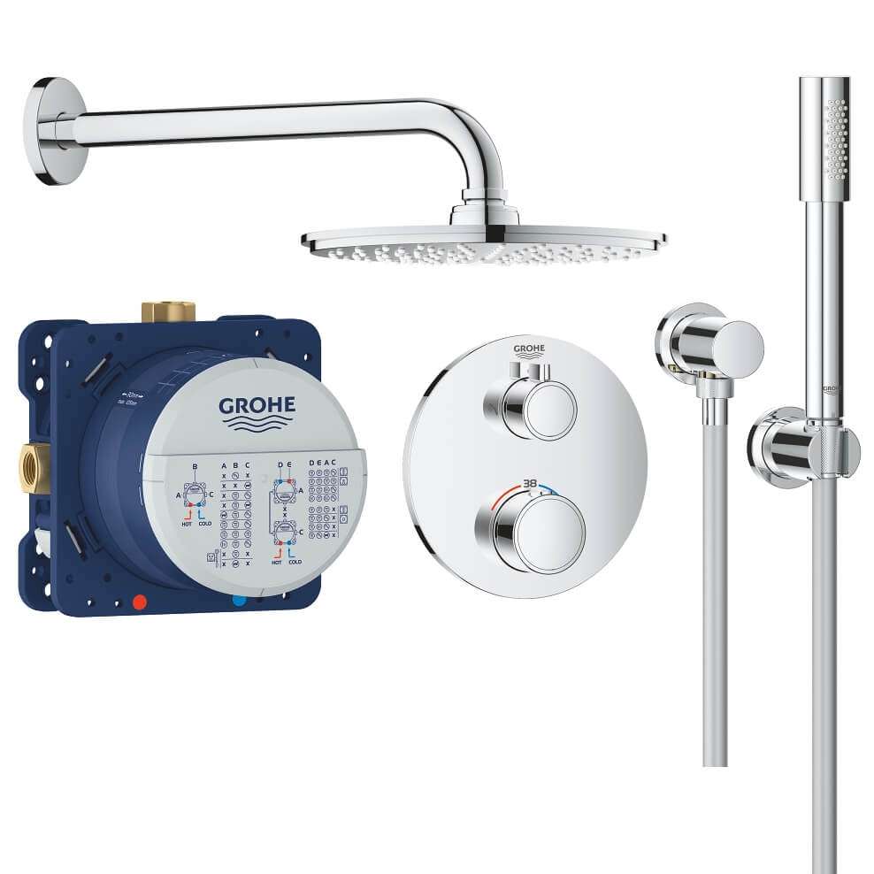Grohe Grohtherm Perfect Shower Set with rain shower head, hand shower, thermostatic control, and chrome finish