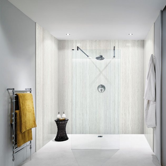 Nuance Finishing Modern Postformed Platinum Travertine Wall Panel 2420mm High X 160mm Wide - Riven - Grey - 816452 - TAP 'N' SHOWER