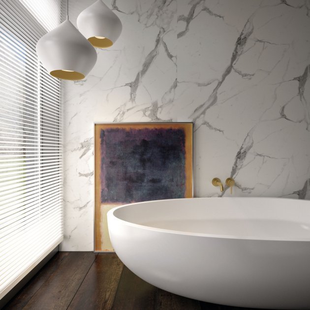 Nuance Feature Polyurethane Calacatta Statuario Wall Panel 2420mm High X 580mm Wide - Glaze - White - 815646 - TAP 'N' SHOWER