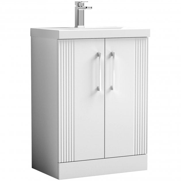 Nuie Deco 600mm Wide Floor Standing 2 - Door Vanity Unit with Basin - 1 - Satin White - DPF125A - TAP 'N' SHOWER