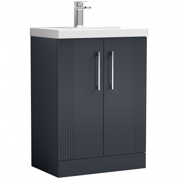 Nuie Deco 600mm Wide Floor Standing 2 - Door Vanity Unit with Basin - 1 - Satin Anthracite - DPF1425A - TAP 'N' SHOWER