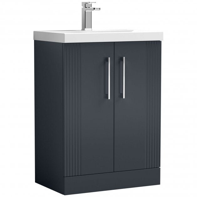 Nuie Deco 600mm Wide Floor Standing 2 - Door Vanity Unit with Basin - 3 - Satin Anthracite - DPF1425D - TAP 'N' SHOWER