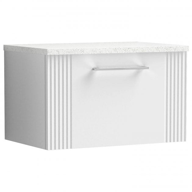 Nuie Deco 600mm Wide Wall Hung 1 - Drawer Vanity Unit with Sparkling White Worktop - Satin White - DPF194LSW - TAP 'N' SHOWER