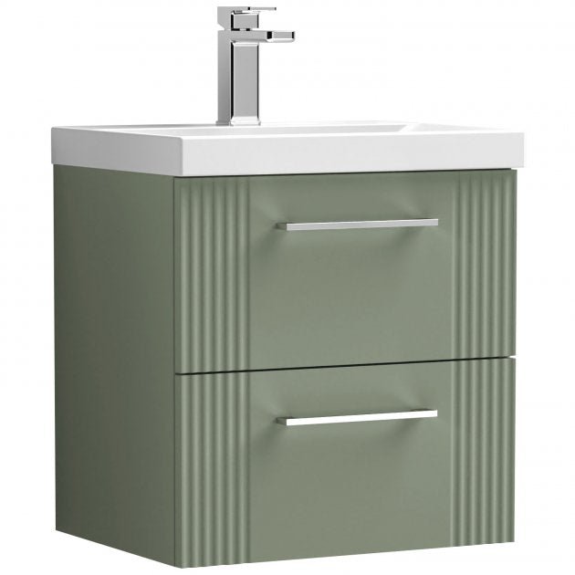 Nuie Deco 500mm Wide Wall Hung 2 - Drawer Vanity Unit with Basin - 3 - Satin Green - DPF892D - TAP 'N' SHOWER