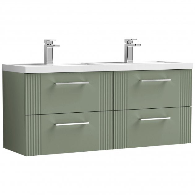 Nuie Deco 1200mm Wide Wall Hung 4 - Drawer Vanity Unit with Double Polymarble Basin - Satin Green - DPF893C - TAP 'N' SHOWER