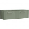 Nuie Deco 1200mm Wide Wall Hung 2 - Drawer Vanity Unit with Worktop - Satin Green - DPF894W2 - TAP 'N' SHOWER