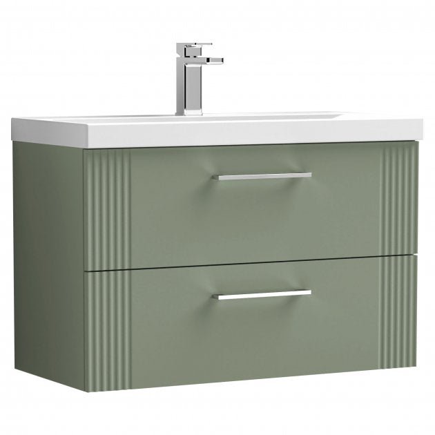Nuie Deco 800mm Wide Wall Hung 2 - Drawer Vanity Unit with Basin - 3 - Satin Green - DPF895D - TAP 'N' SHOWER