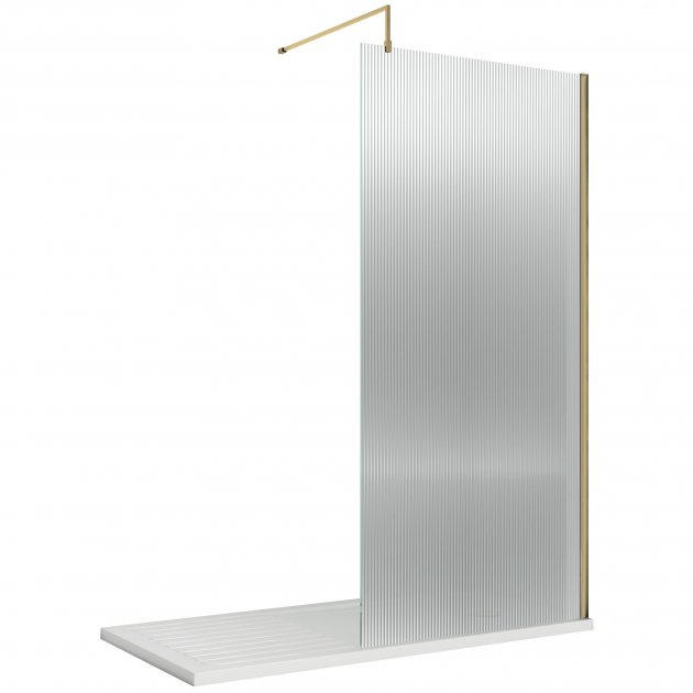 Nuie Fluted Wet Room Screen 1850mm High x 1000mm Wide with Support Bar 8mm Glass - Brushed Brass - WRFL18510BB - TAP 'N' SHOWER