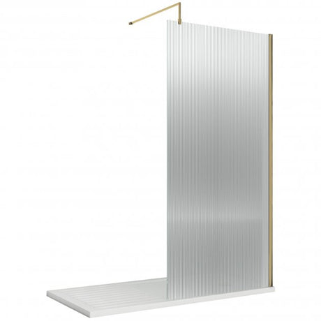 Nuie Fluted Wet Room Screen 1850mm High x 1000mm Wide with Support Bar 8mm Glass - Brushed Brass - WRFL18510BB - TAP 'N' SHOWER