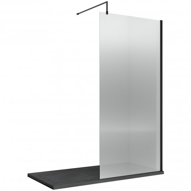 Nuie Fluted Wet Room Screen 1850mm High x 1000mm Wide with Support Bar 8mm Glass - Matt Black - WRFL18510BP - TAP 'N' SHOWER