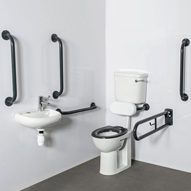 Nymas NymaPRO Low Level Doc M Toilet Pack with Exposed Fixings and TMV3 Valve - Dark Grey Grab Rails - DMLL/DG
