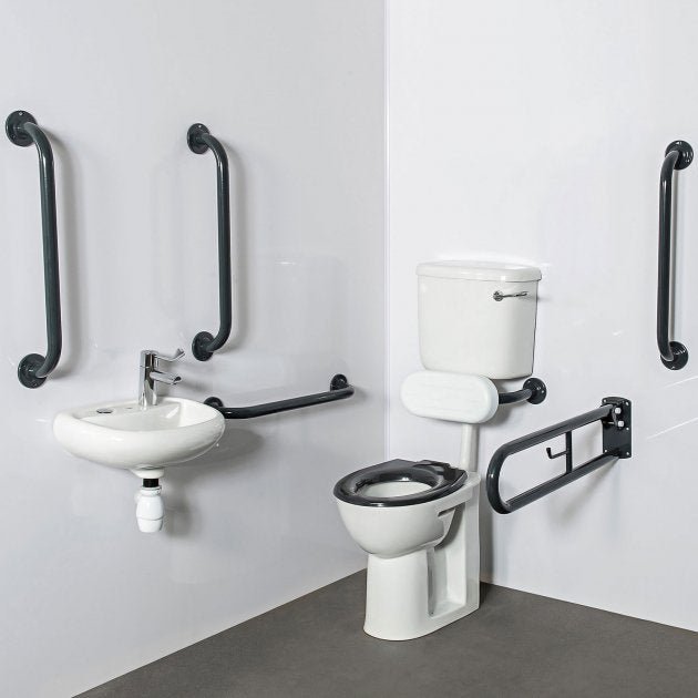 Nymas NymaPRO Low Level Doc M Toilet Pack with Exposed Fixings and TMV3 Valve - Dark Grey Grab Rails - DMLL/DG - TAP 'N' SHOWER
