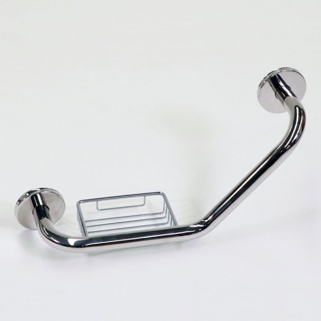 Nymas NymaSTYLE 135 Degree Cranked Stainless Steel Grab Rail with Soap Basket - Polished - 310630/SP