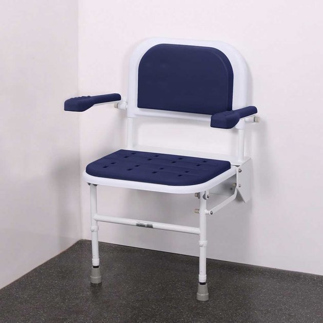 Nymas NymaCARE Premium Wall Mounted Padded Shower Seat with Legs Back and Arms - Dark Blue - SB-081/DB