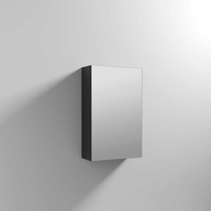 Nuie 1-Door Athena Mirrored Bathroom Cabinet in Hacienda Black with integrated mirrored door and compact 715mm by 450mm design for stylish bathroom storage.