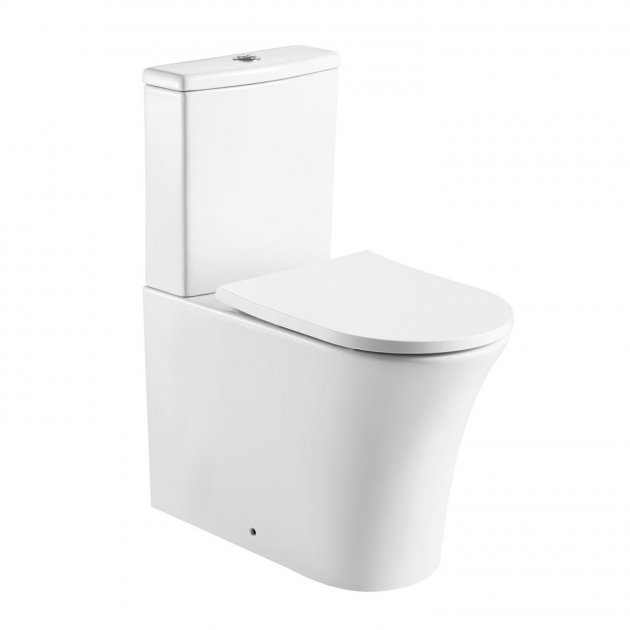 Prystine Kameo round rimless fully back to wall close coupled toilet with push button cistern and soft close seat