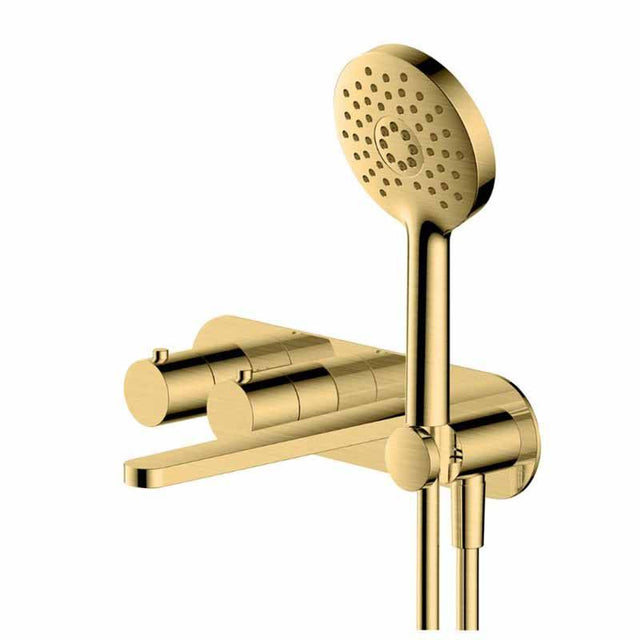 Rak Petit Round Wall Mounted Thermostatic Bath Shower Mixer Dual Outlet - Brushed Gold - RAKPER3306G - TAP 'N' SHOWER
