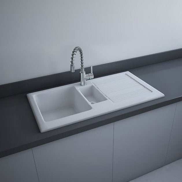 RAK Gourmet Modern 1 Ceramic Kitchen Sink 1.5 Bowl 1010mm Length x 510mm Wide - White - GOSINK1V2 - TAP 'N' SHOWER