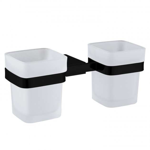 RAK Moon black wall mounted double tumbler holder with frosted tumblers for bathroom organization
