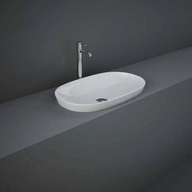 RAK Variant modern 0 tap hole oval drop-in countertop wash basin 600mm wide in alpine white