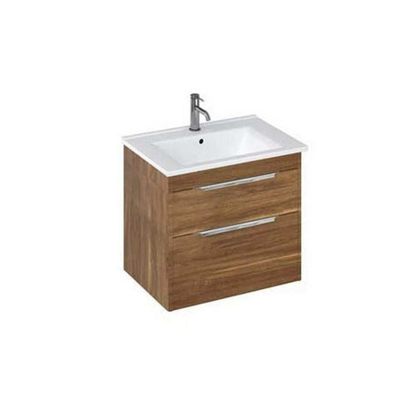 Britton Shoreditch wall hung caramel vanity unit with two drawers and white basin