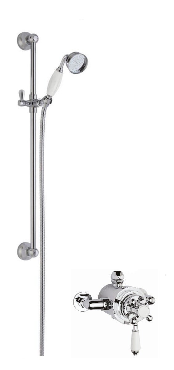 Launde Abbey Victorian Traditional Dual Exposed Valve with Single Function Slide Rail Shower Kit - Chrome - TAP 'N' SHOWER