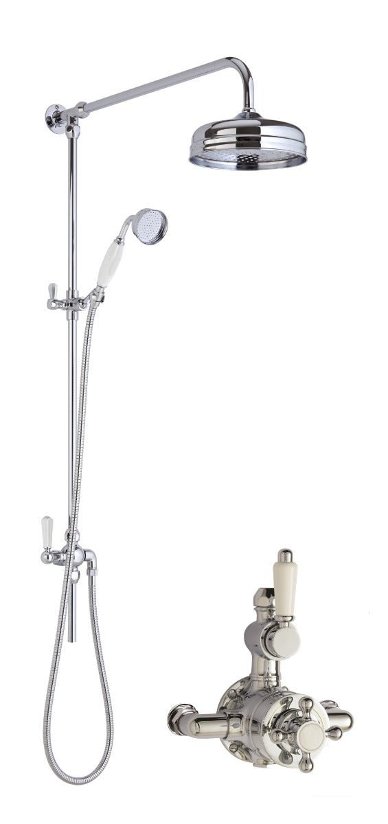 Launde Abbey Victorian Traditional Twin Exposed Valve with Rigid Riser Shower Kit - Chrome - TAP 'N' SHOWER