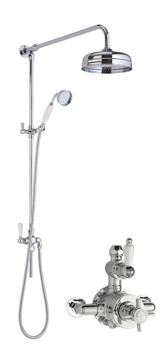 Launde Abbey Edwardian Traditional Twin Exposed Valve with Rigid Riser Shower Kit - Chrome - TAP 'N' SHOWER