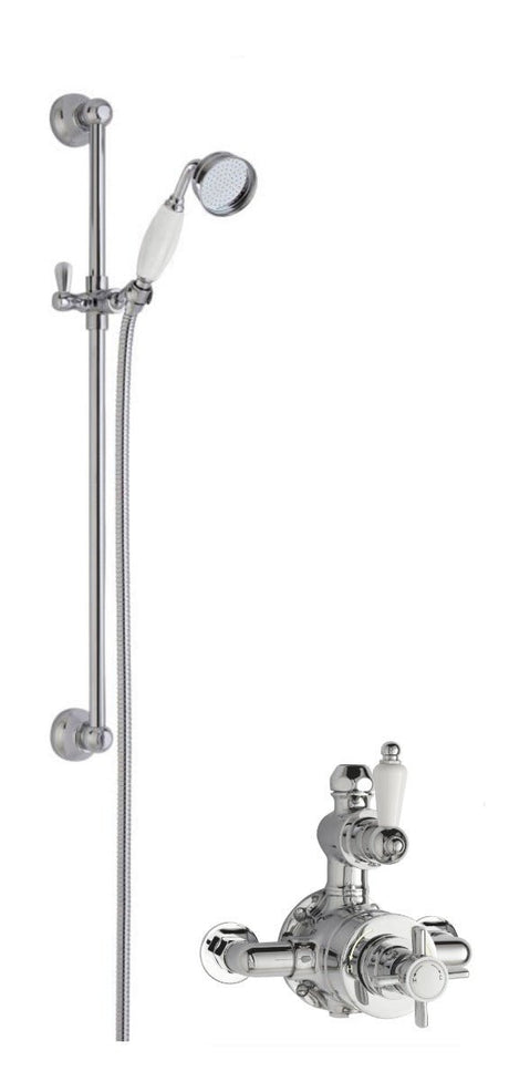 Launde Abbey Edwardian Traditional Twin Exposed Valve & Single Function Slide Rail Shower Kit - Chrome - TAP 'N' SHOWER