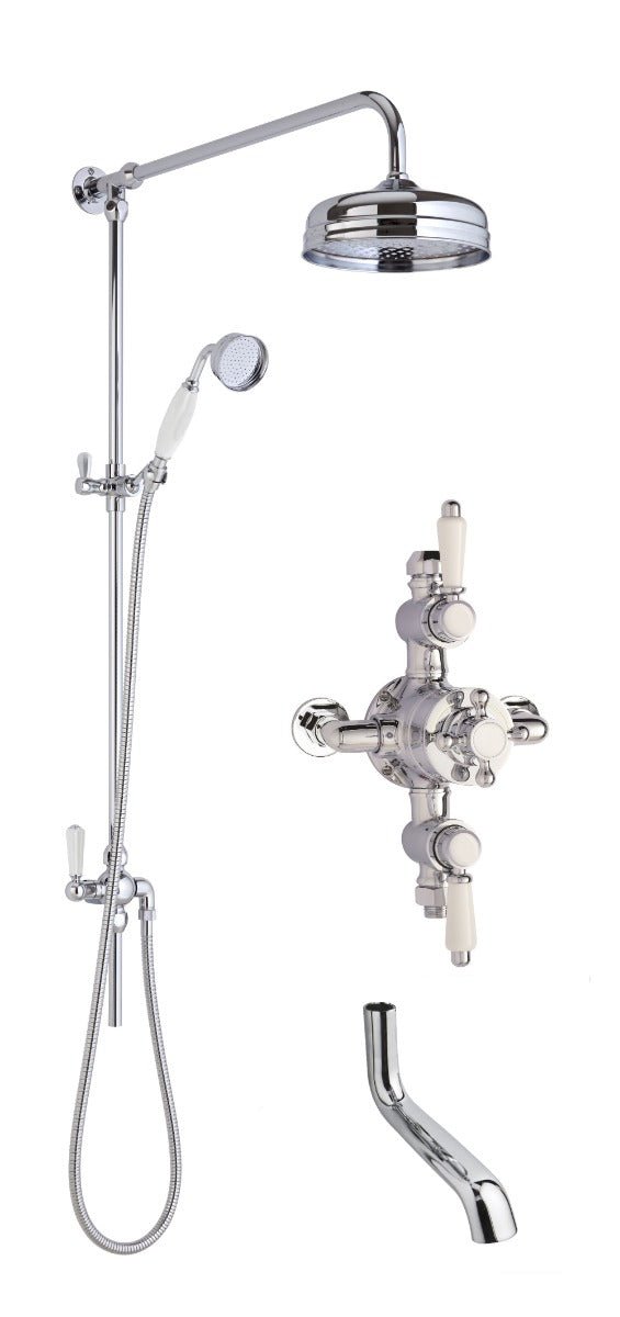 Launde Abbey Victorian Traditional Triple Exposed Valve withRigid Riser Kit & Bath Spout Shower Kit - Chrome - TAP 'N' SHOWER