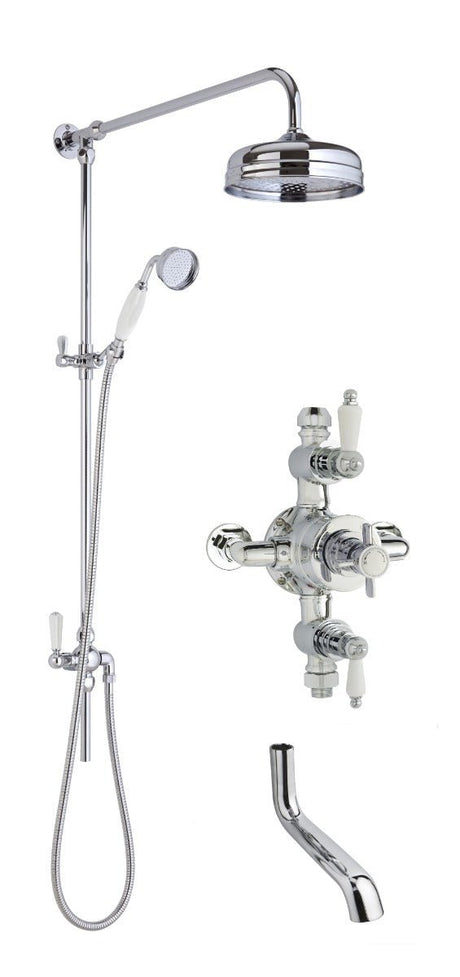 Launde Abbey Edwardian Traditional Triple Exposed Valve with Rigid Riser Kit & Bath Spout Shower Kit - Chrome - TAP 'N' SHOWER