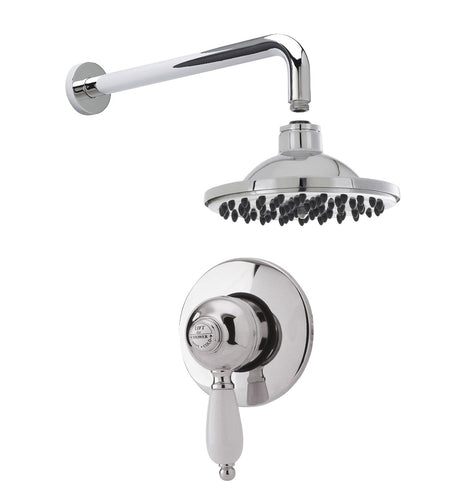 Launde Abbey Traditional Manual Concealed Valve with Wall Mount Shower Arm and Round Fixed Head Shower Kit - Chrome - TAP 'N' SHOWER