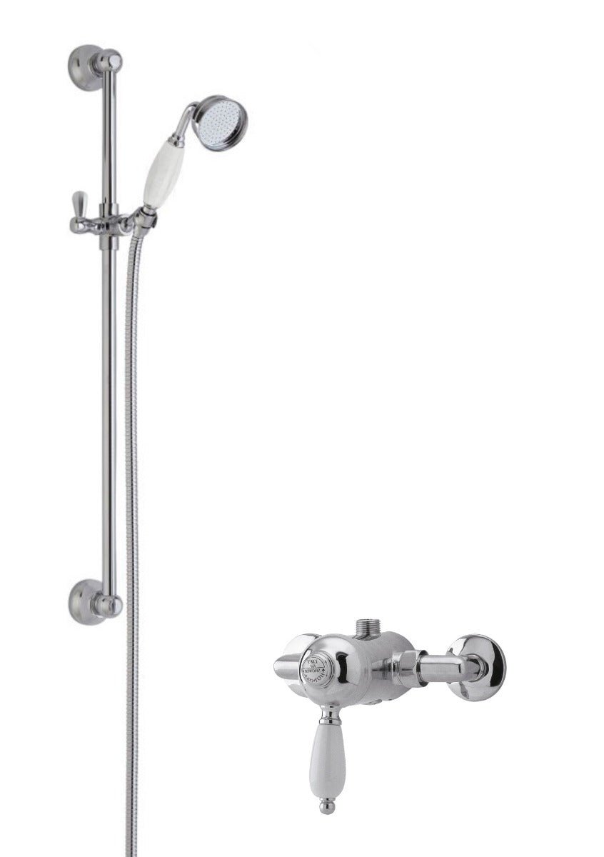 Launde Abbey Traditional Manual Exposed Valve & Single Function Slider Rail Kit & Outlet Elbow - Chrome - TAP 'N' SHOWER