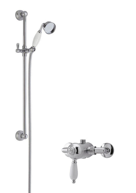 Launde Abbey Traditional Manual Exposed Valve & Single Function Slider Rail Kit & Outlet Elbow - Chrome - TAP 'N' SHOWER
