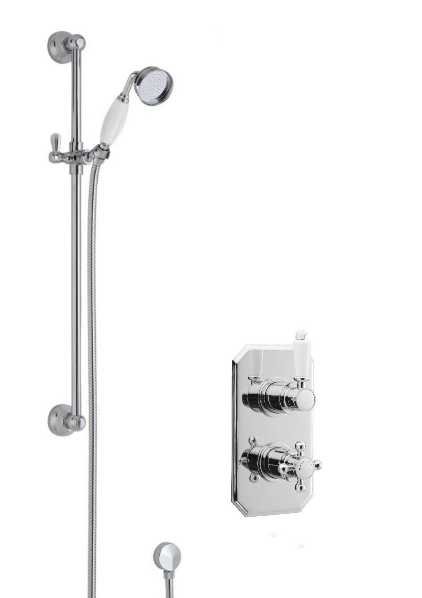 Launde Abbey Victorian Traditional Thermostatic Concealed Twin Valve & Single Function Slider Rail Kit & Outlet Elbow - Chrome - TAP 'N' SHOWER