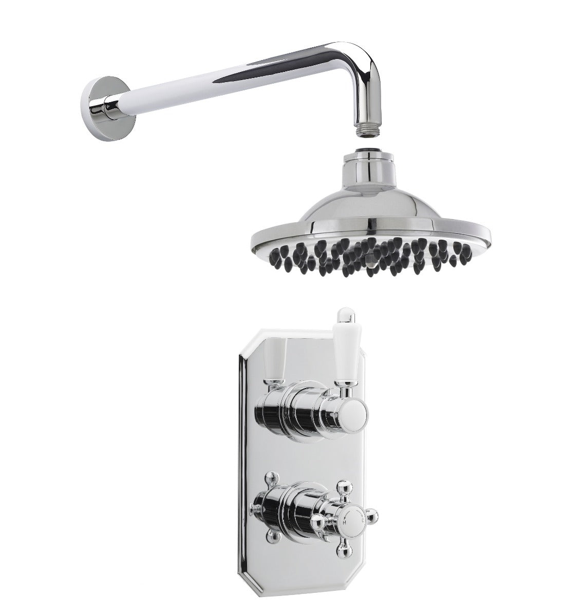 Launde Abbey Victorian Traditional Thermostatic Concealed Twin Valve with Wall Mount Shower Arm and Round Fixed Head Shower Kit - Chrome - TAP 'N' SHOWER