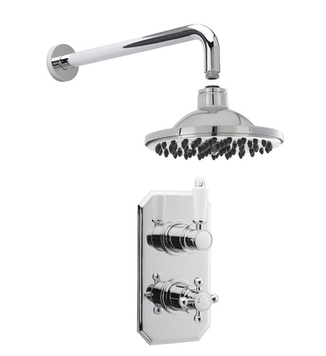 Launde Abbey Victorian Traditional Thermostatic Concealed Twin Valve with Wall Mount Shower Arm and Round Fixed Head Shower Kit - Chrome - TAP 'N' SHOWER