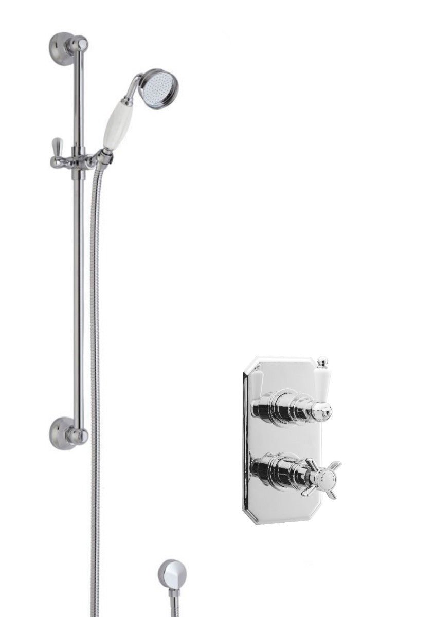 Launde Abbey Edwardian Traditional Thermostatic Concealed Twin Valve with Single Function Slider Rail Kit & Outlet Elbow - Chrome - TAP 'N' SHOWER