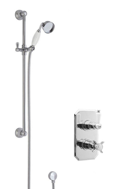 Launde Abbey Edwardian Traditional Thermostatic Concealed Twin Valve with Single Function Slider Rail Kit & Outlet Elbow - Chrome - TAP 'N' SHOWER