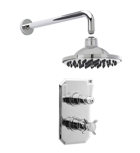 Launde Abbey Edwardian Traditional Thermostatic Concealed Twin Valve with Wall Mount Shower Arm and Round Fixed Head Shower Kit - Chrome - TAP 'N' SHOWER