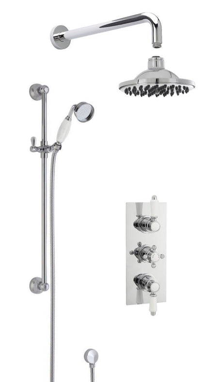Launde Abbey Victorian Traditional Thermostatic Concealed Triple Valve with Single Function Slider Rail Kit & Wall Mount Shower Arm & Outlet Elbow and Round Fixed Head Shower Kit - Chrome - TAP 'N' SHOWER